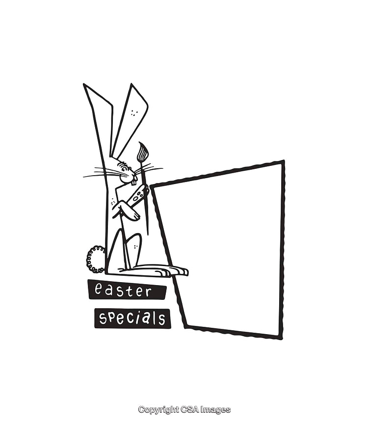 Easter Bunny Painting a Sign for Seasonal Specials in Line Art Style