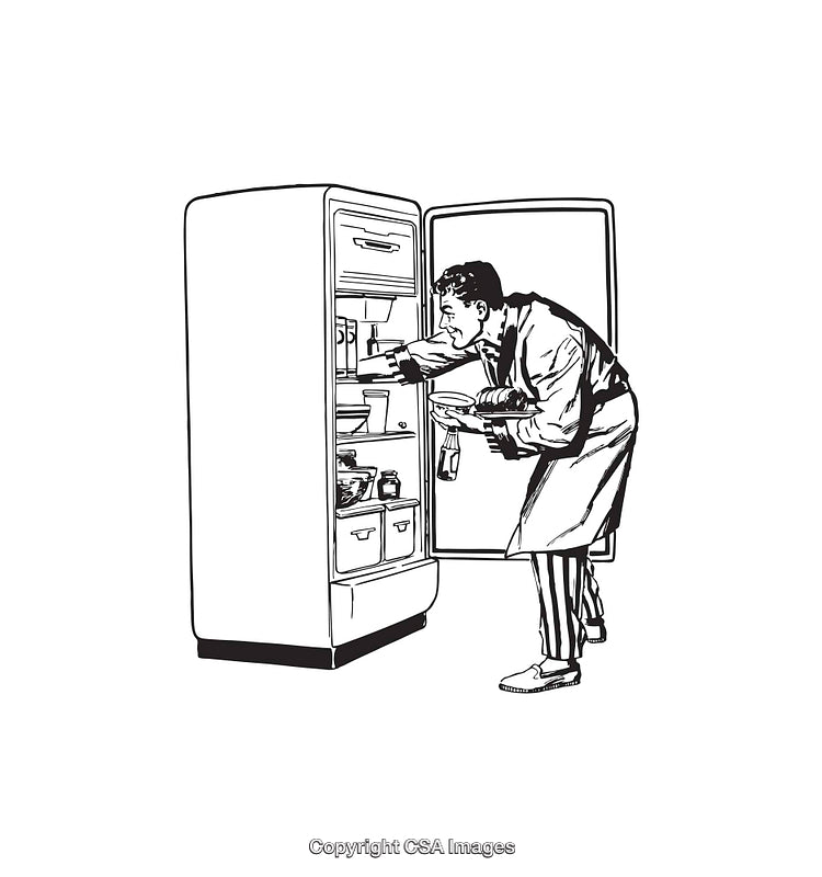 Retro Line Art of Man Searching Inside Refrigerator with Plates