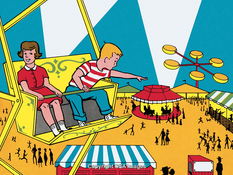 Vintage Ferris Wheel and Carnival Scene with Illustrative Design Elements