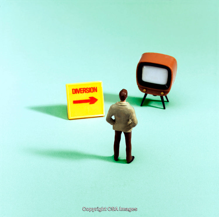 Miniature Scene Featuring a Direction Sign and a Retro Television