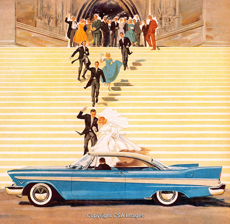 Joyous Wedding Celebration Depicting A Couple Escaping in Vintage Blue Car
