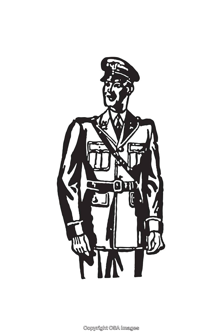 Black and White Line Art Illustration of a Uniformed Person in Military Attire