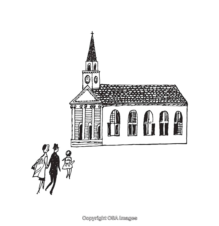 Black and White Line Art of a Family Walking to Church