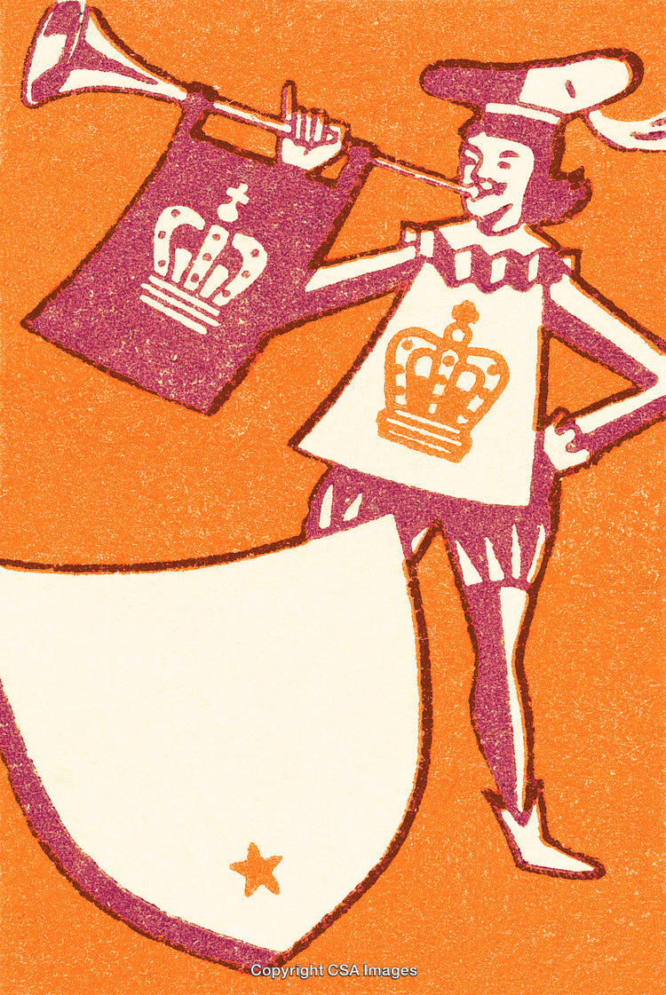 Herald Trumpeter in Medieval Attire Displaying Royal Symbols on Banners