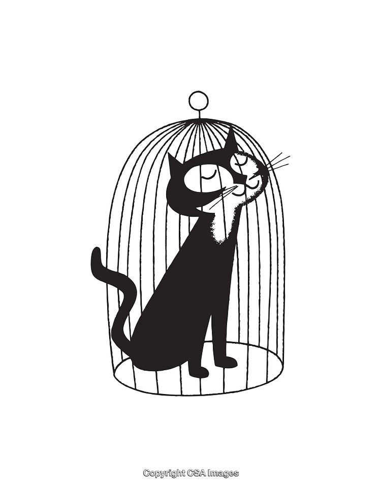 Silhouette Illustration of a Curious Cat in a Birdcage