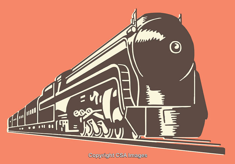 Vintage Style Illustration of a Streamlined Locomotive on Coral Background
