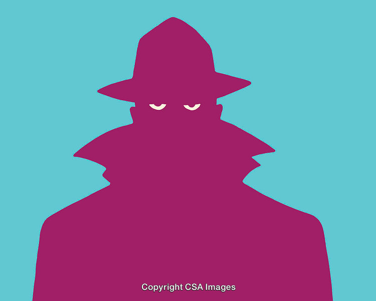 Mysterious Silhouette of Character in Hat Against Blue Background