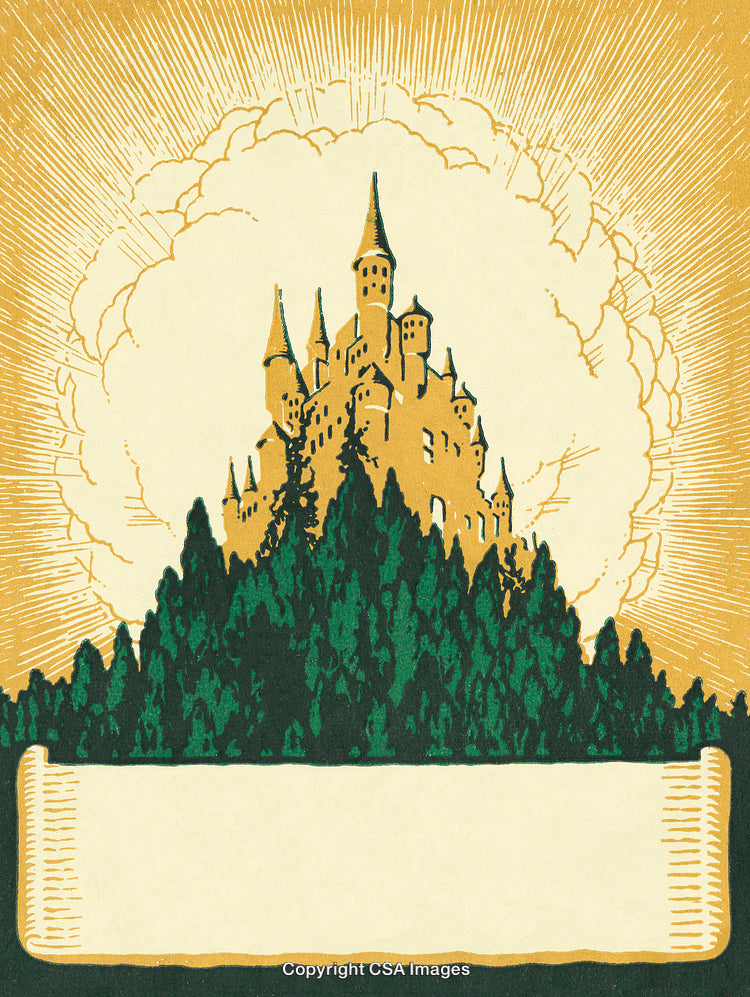 Golden Castle Surrounded by Forest with Radiant Sky Background