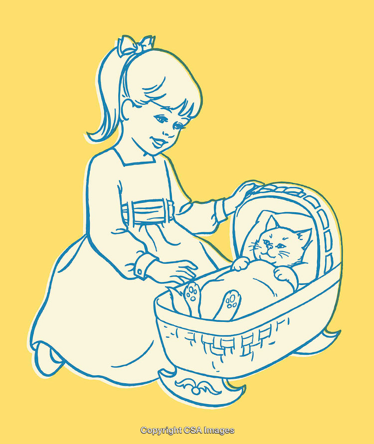 Illustration of Girl Caring for Cat in Cradle with Yellow Background