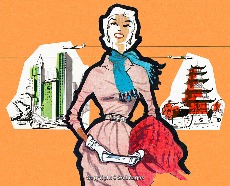 Vintage Illustration of a Stylish Woman With Travel Icons in Background