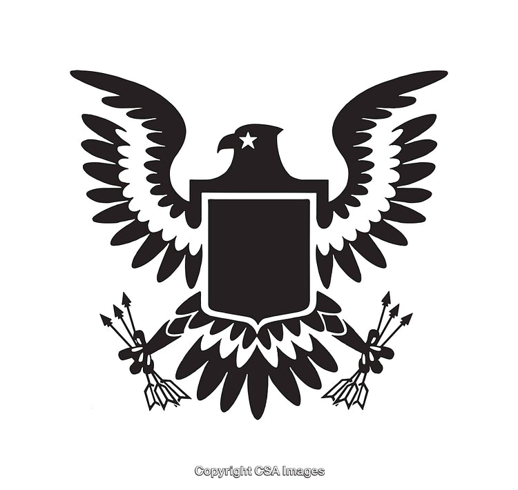 Black and White Eagle Crest Illustration with Shield and Arrows