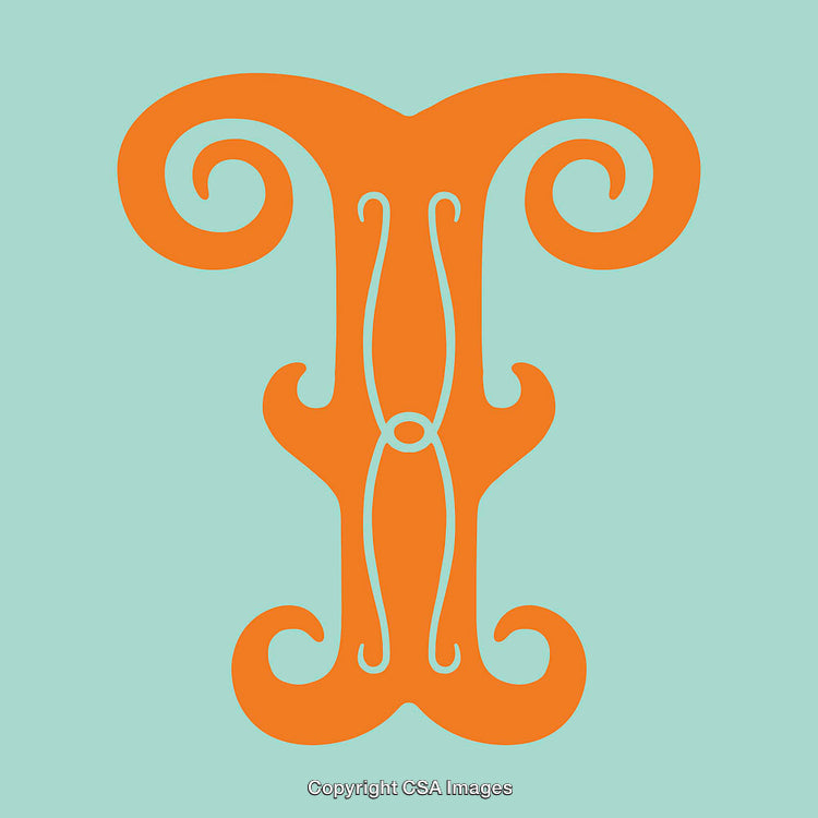 Intricate Orange Letter T Design with Floral Motifs on Blue Background