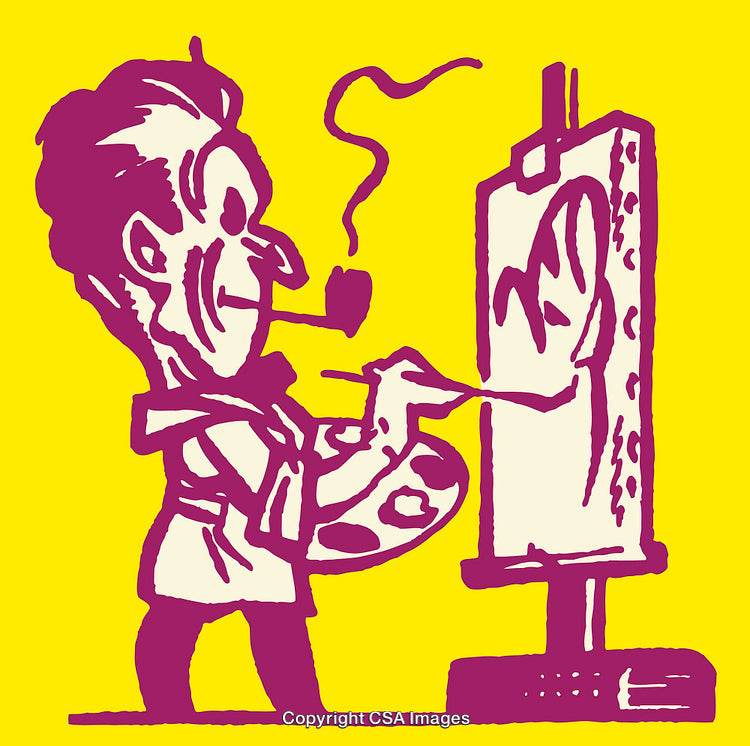 Creative Cartoon Artist Drawing on an Easel in Bold Yellow and Purple Colors