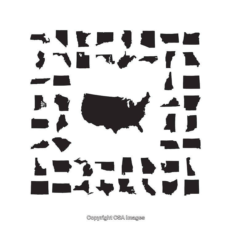 Vector Silhouettes of United States and Individual State Maps in Black