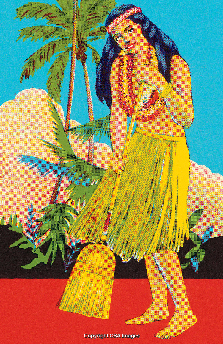 Traditional Hawaiian Woman Sweeping Under Palm Trees in Vibrant Tropical Setting