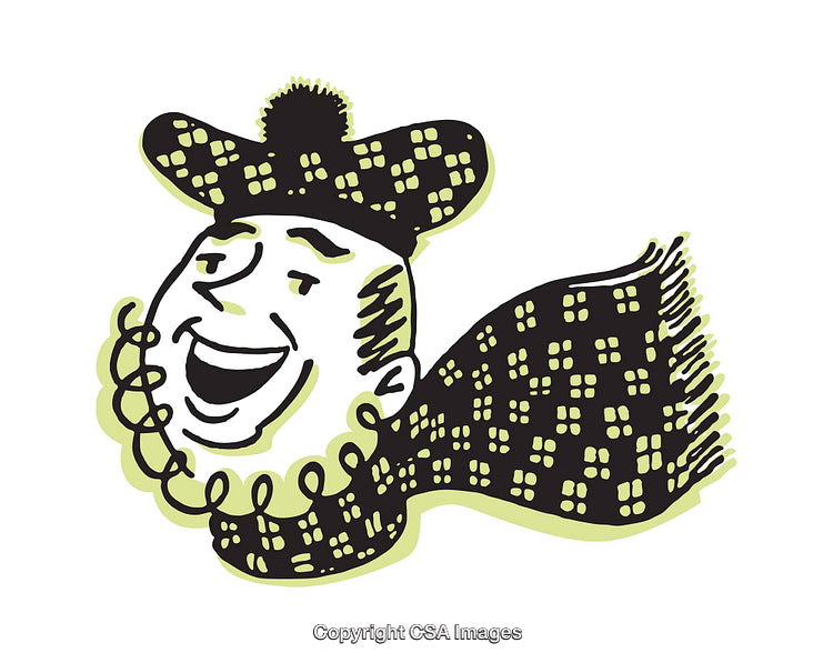 Vintage Illustration of a Smiling Man in a Checkered Hat and Scarf