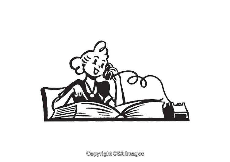 Retro Black and White Line Art of Woman on Telephone With Book