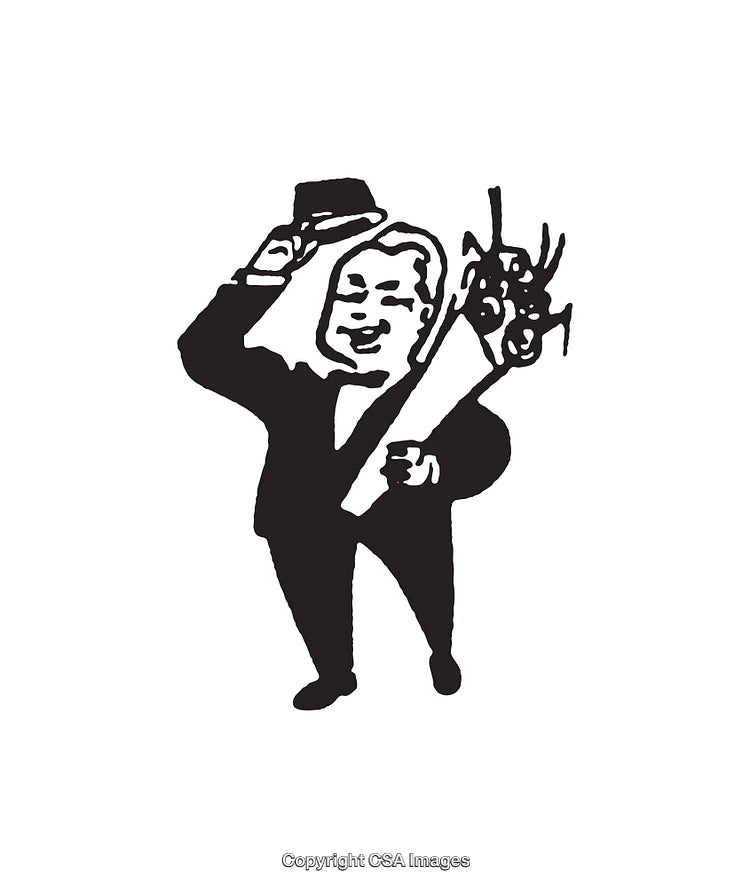 Black and White Gentleman in Suit Holding Flowers Line Art Illustration