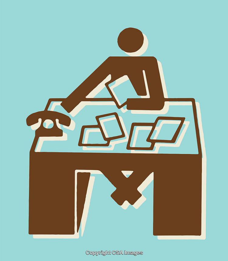 Abstract Office Desk Illustration in Brown and Aqua Line Art