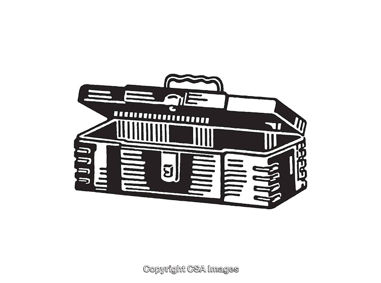 Vintage Black and White Illustration of an Open Tool Chest