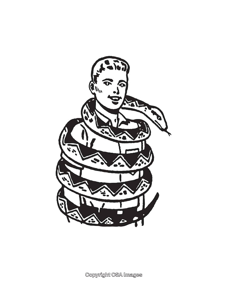 Black and White Illustration of a Snake Encircling a Person