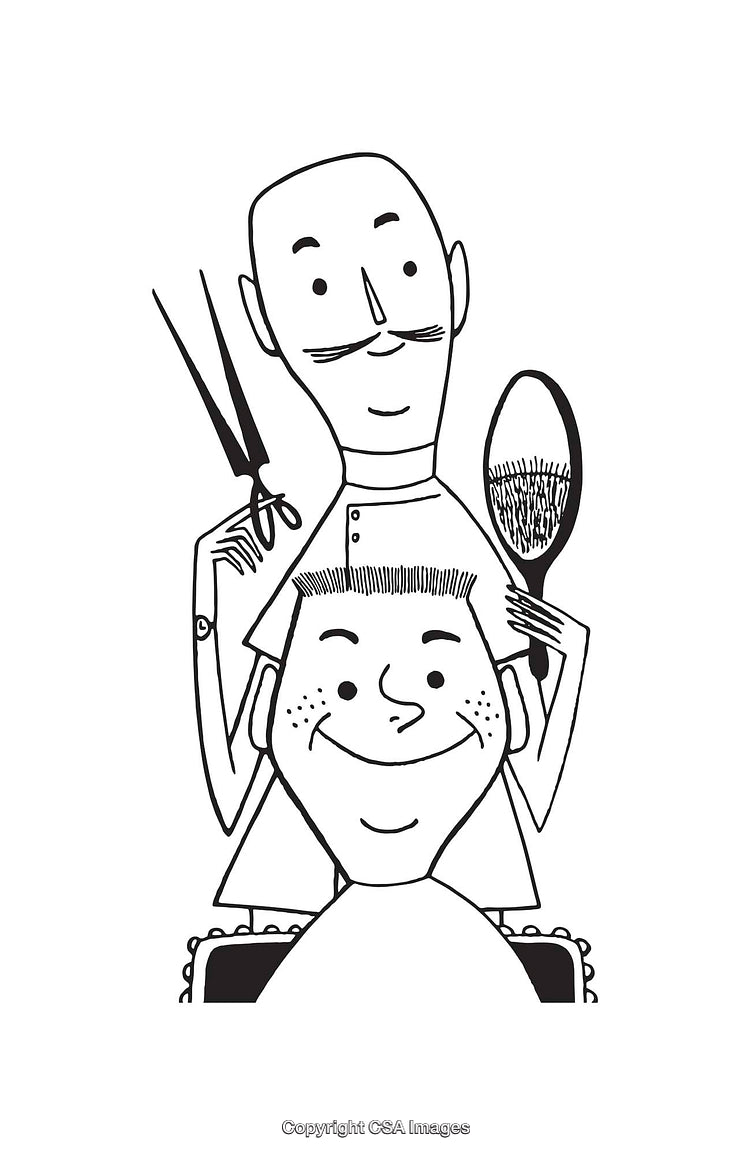 Illustrative Black and White Artwork of Barber with Smiling Client