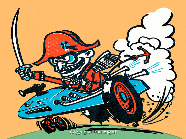 Colorful Cartoon Pirate Riding a Racing Car With Exaggerated Expressions