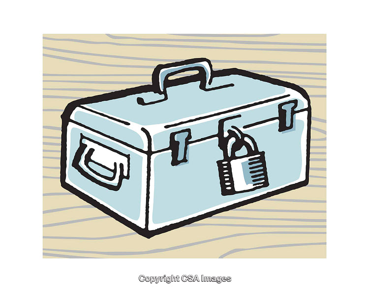 Illustrated Metal Toolbox Secured with Padlock on Wooden Background