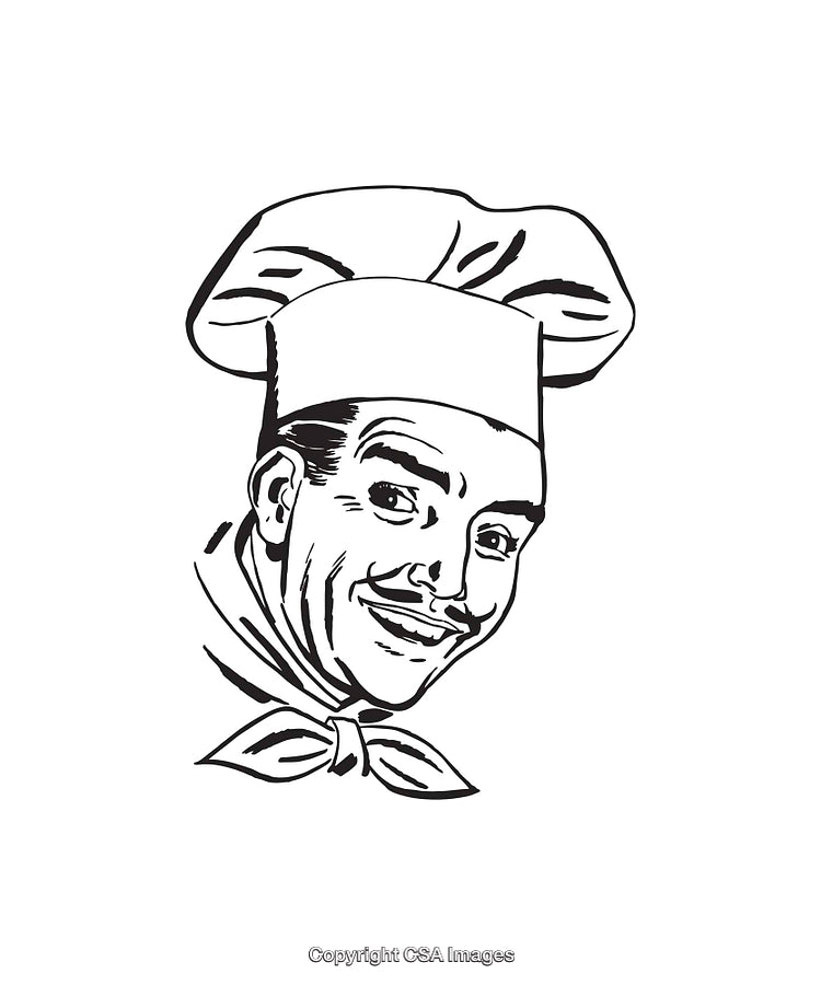 Black and White Illustration of a Smiling Chef with a Mustache