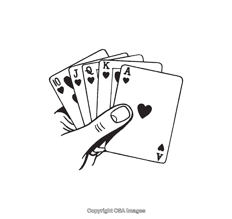 Hand Holding Royal Flush Playing Cards in Black and White Illustration