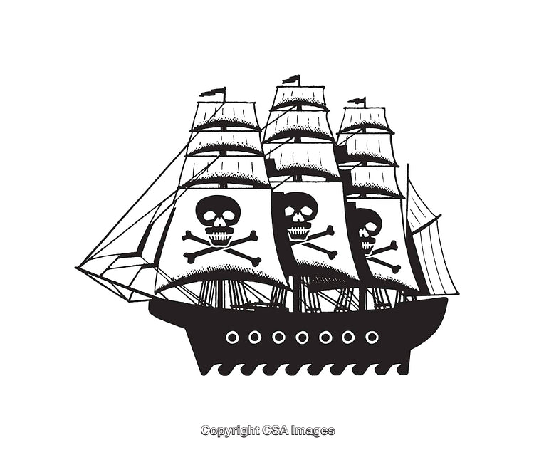 Black and White Line Art Illustration of a Pirate Ship