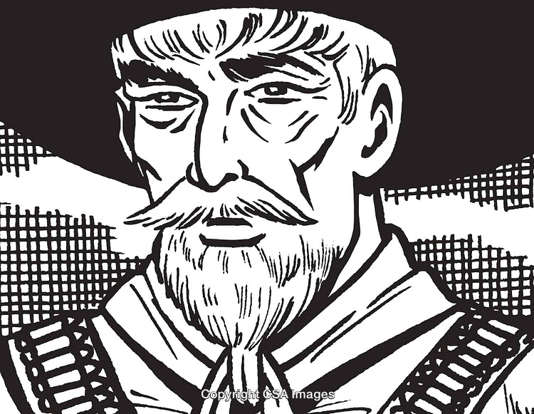 Stylized Black and White Illustration of an Elderly Cowboy Portrait