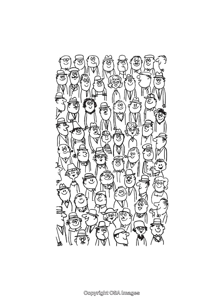 Black and White Line Art Illustration of a Crowd with Many Unique Faces