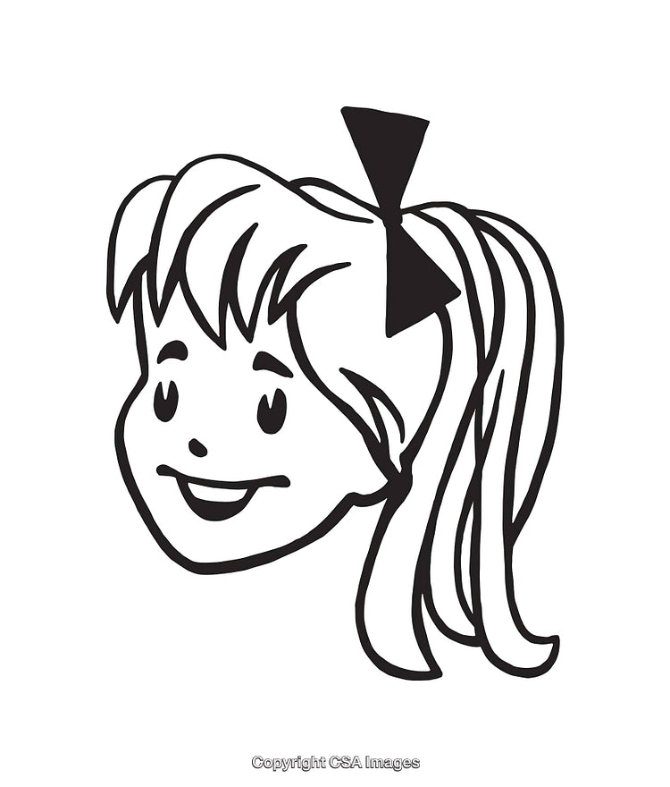 Black And White Line Art Illustration of a Smiling Girl With Hair Bow