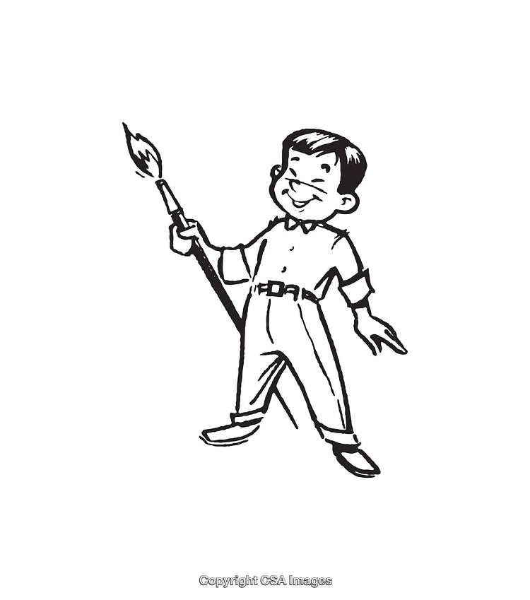 Black and White Line Art of a Smiling Boy Holding a Brush
