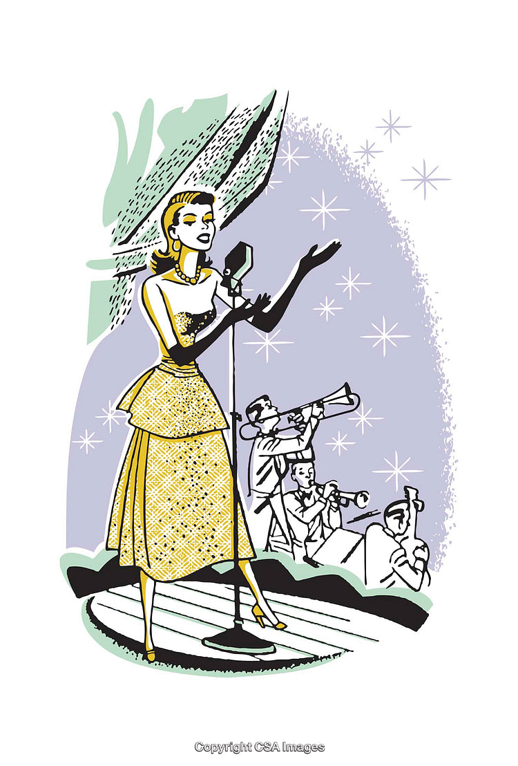Elegant Jazz Singer Performing With Band in Retro Color Illustration