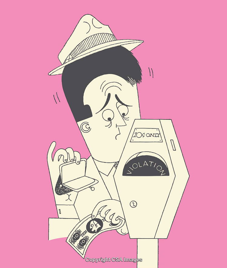 Cartoon Illustration of Man Paying Parking Meter with Violation Notice