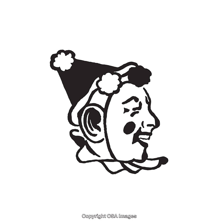 Black and White Line Art of a Smiling Clown Face Wearing a Hat