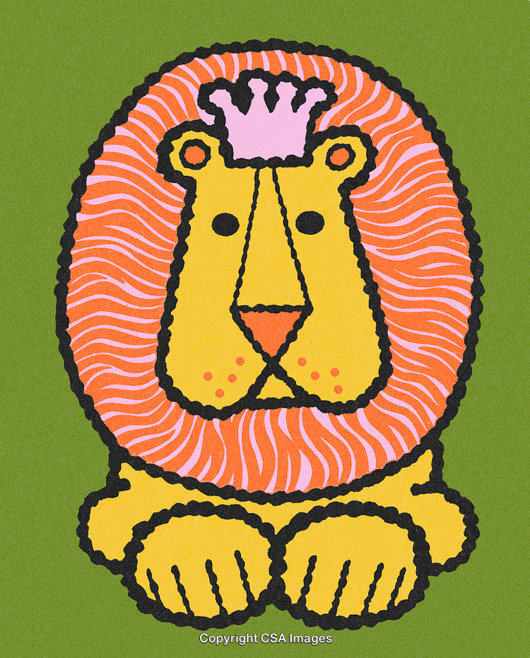 Colorful Illustration of a Stylized Lion With a Crown on Green Background