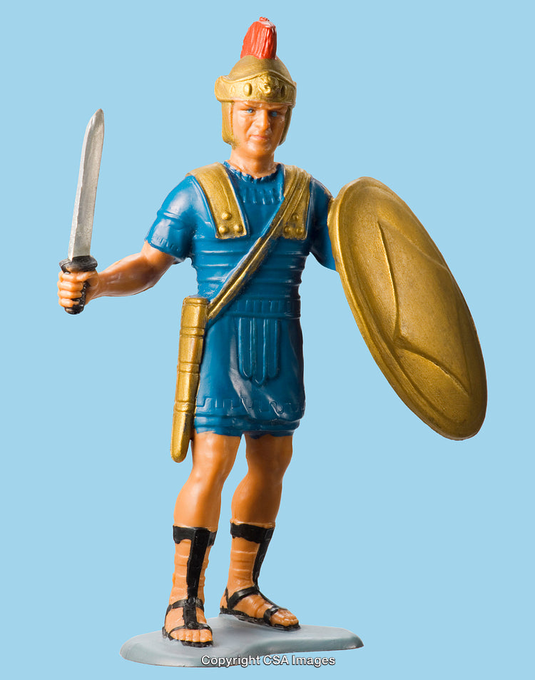 Toy Plastic Roman Soldier Figurine with Shield and Sword on Blue Background