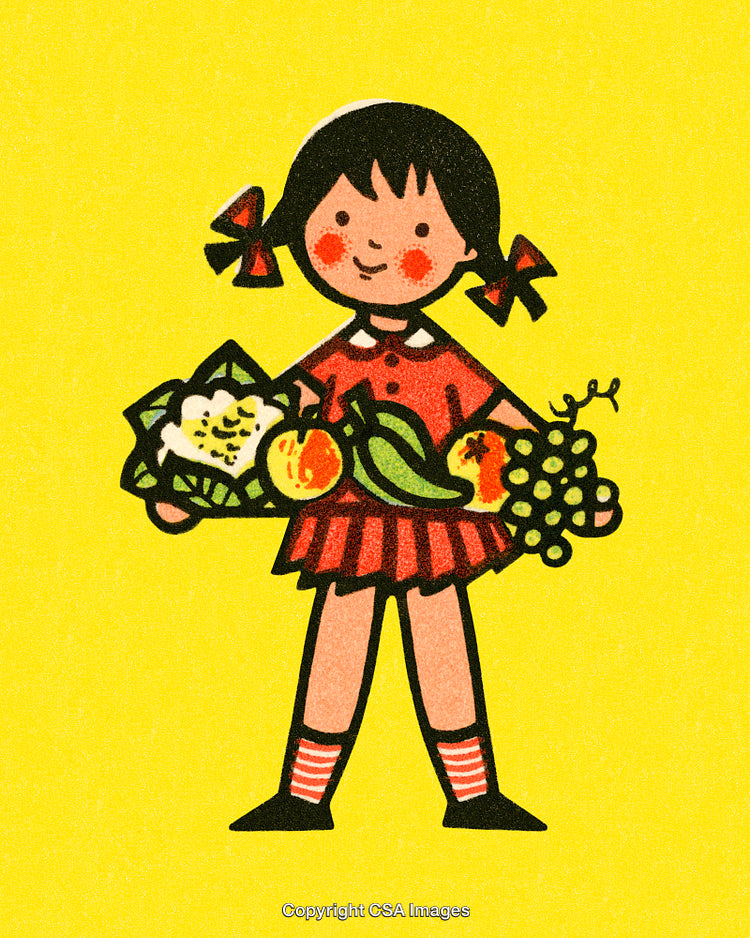 Colorful Illustration of a Girl Holding Fresh Fruits Against Yellow Background