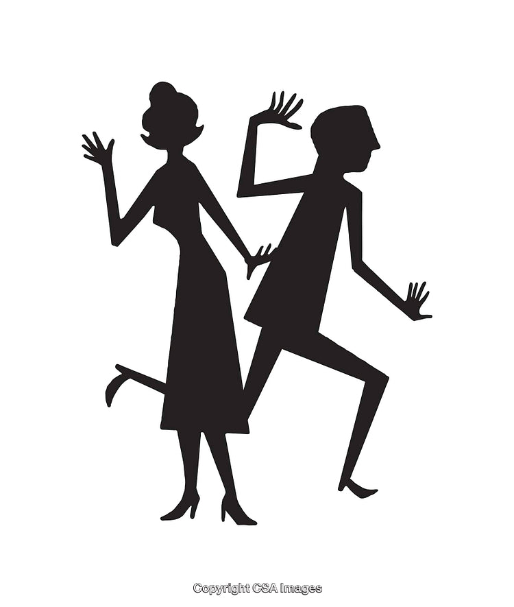 Silhouette of Dancing Figures in a Joyful Pose Depicted in Black and White