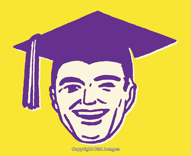 Purple Graduation Cap And Smiling Face on Bright Yellow Background
