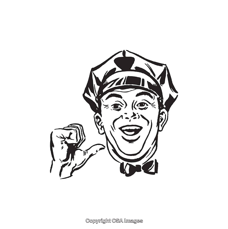 Black and White Illustration of a Smiling Uniformed Character
