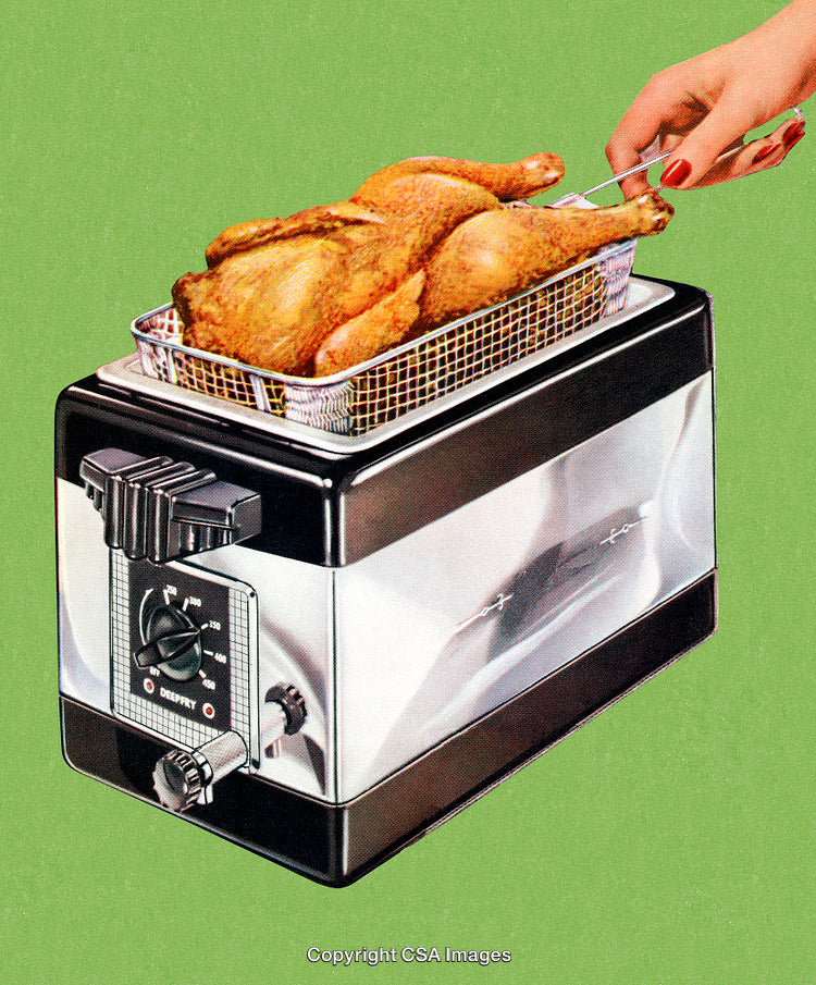 Retro Kitchen Appliance with Fried Chicken on Olive Green Background