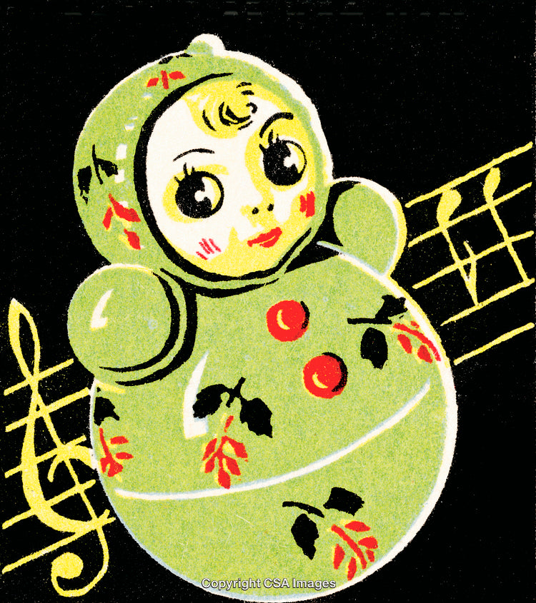 Vintage Illustration of Festive Baby Doll with Christmas Music Notes