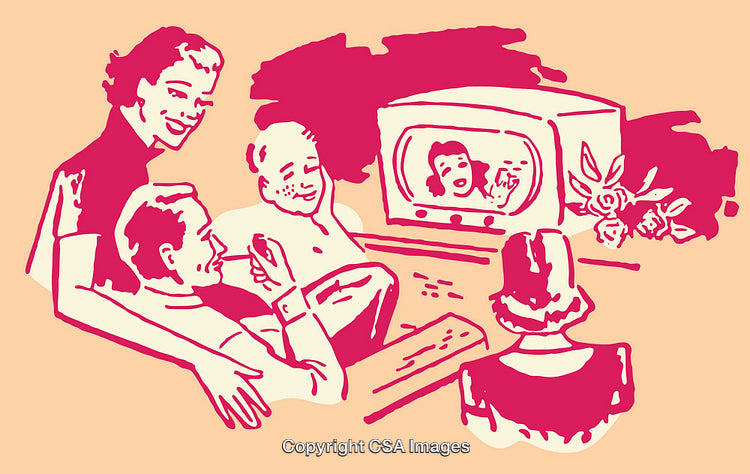 Retro Illustration of Family Watching Television Together in a Vintage Setting