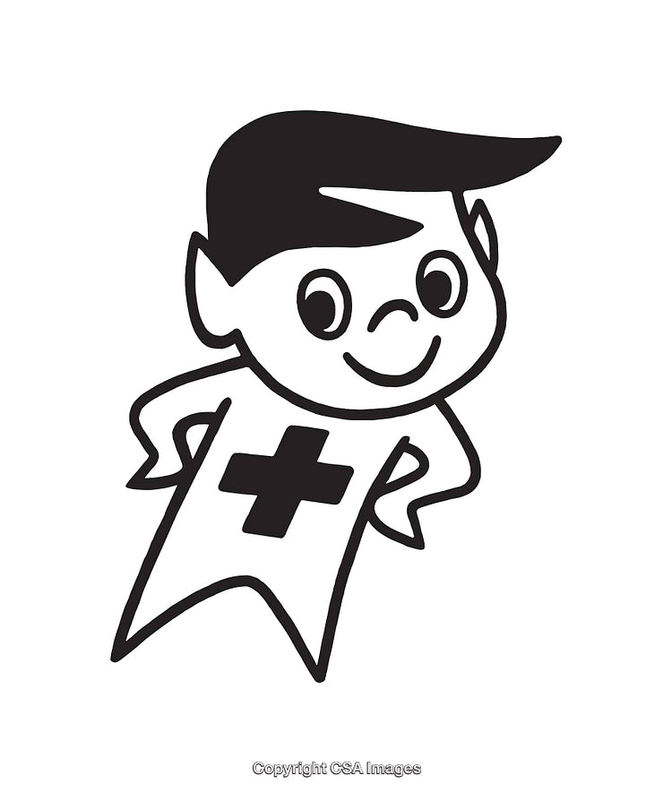 Black and White Line Art of a Cheerful Character with a Plus Sign