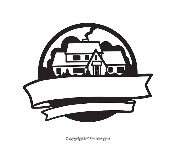 Black and White Line Art of a House with Blank Banner