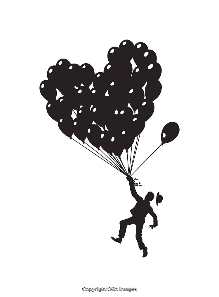 Silhouette Art of a Man Floating With Heart-Shaped Balloons in the Sky